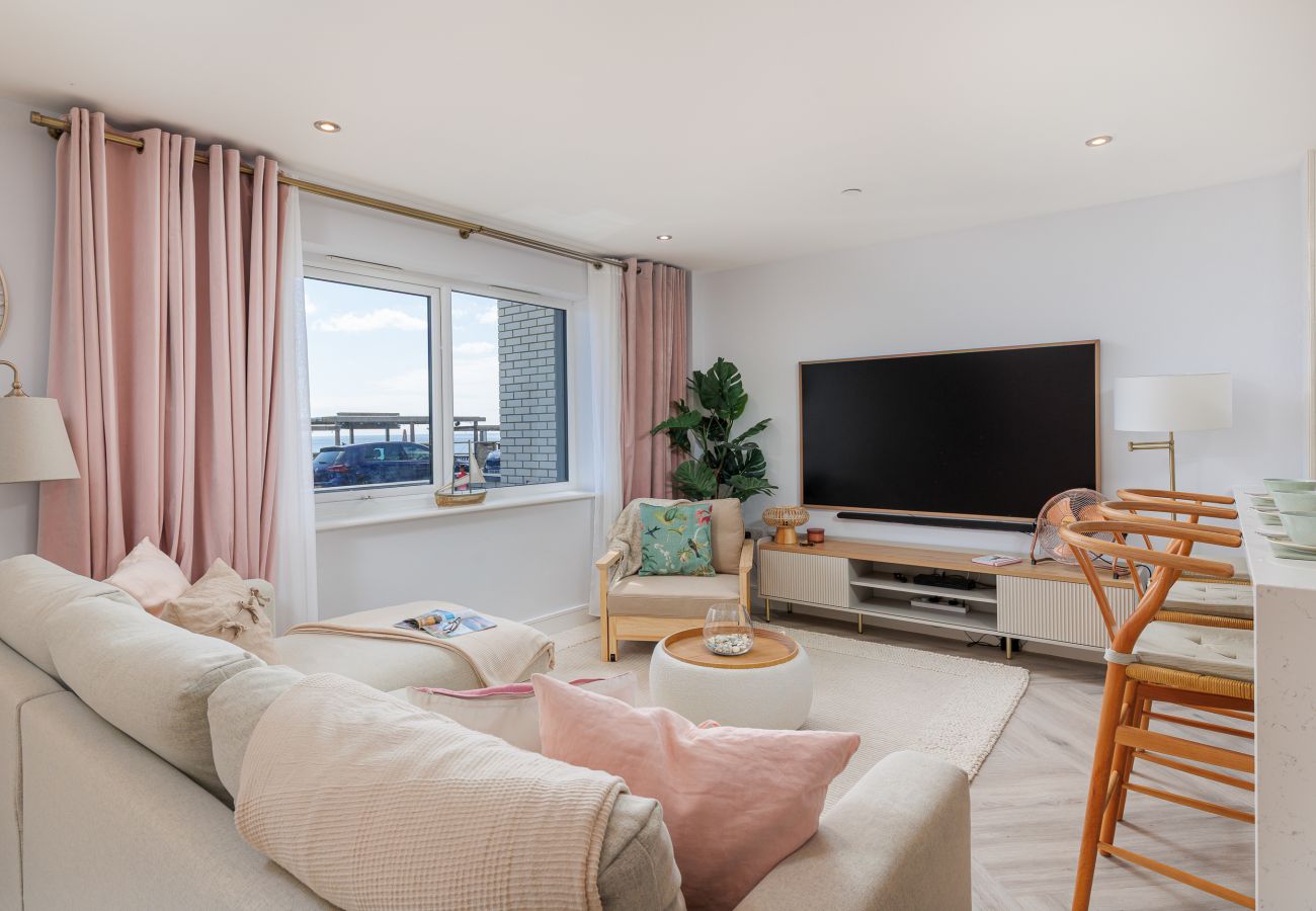 Bright and open living room at Hummingbird ground-floor apartment on Sandown seafront, Isle of Wight.
